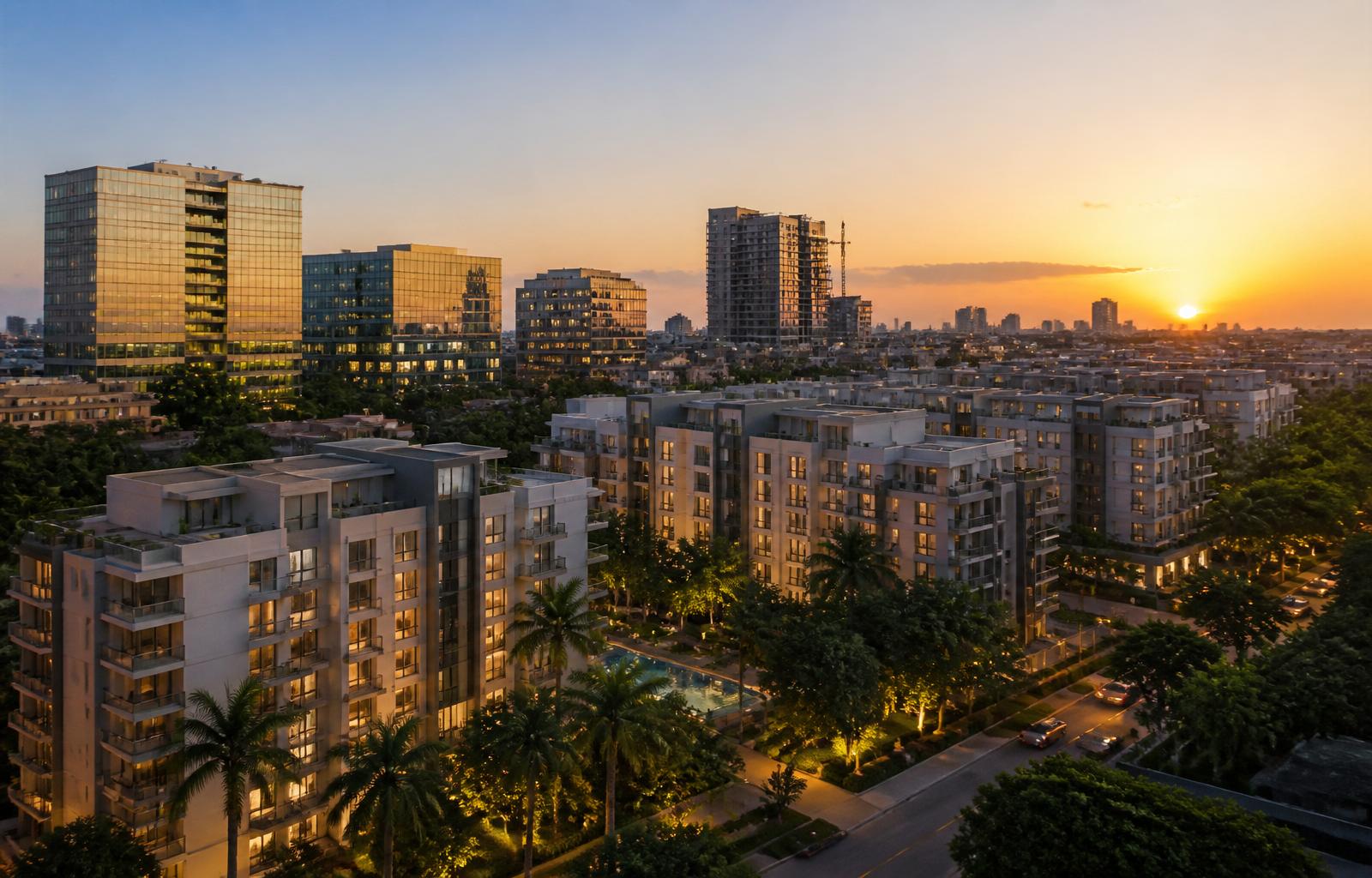 Indian residential and commercial skyline at dusk